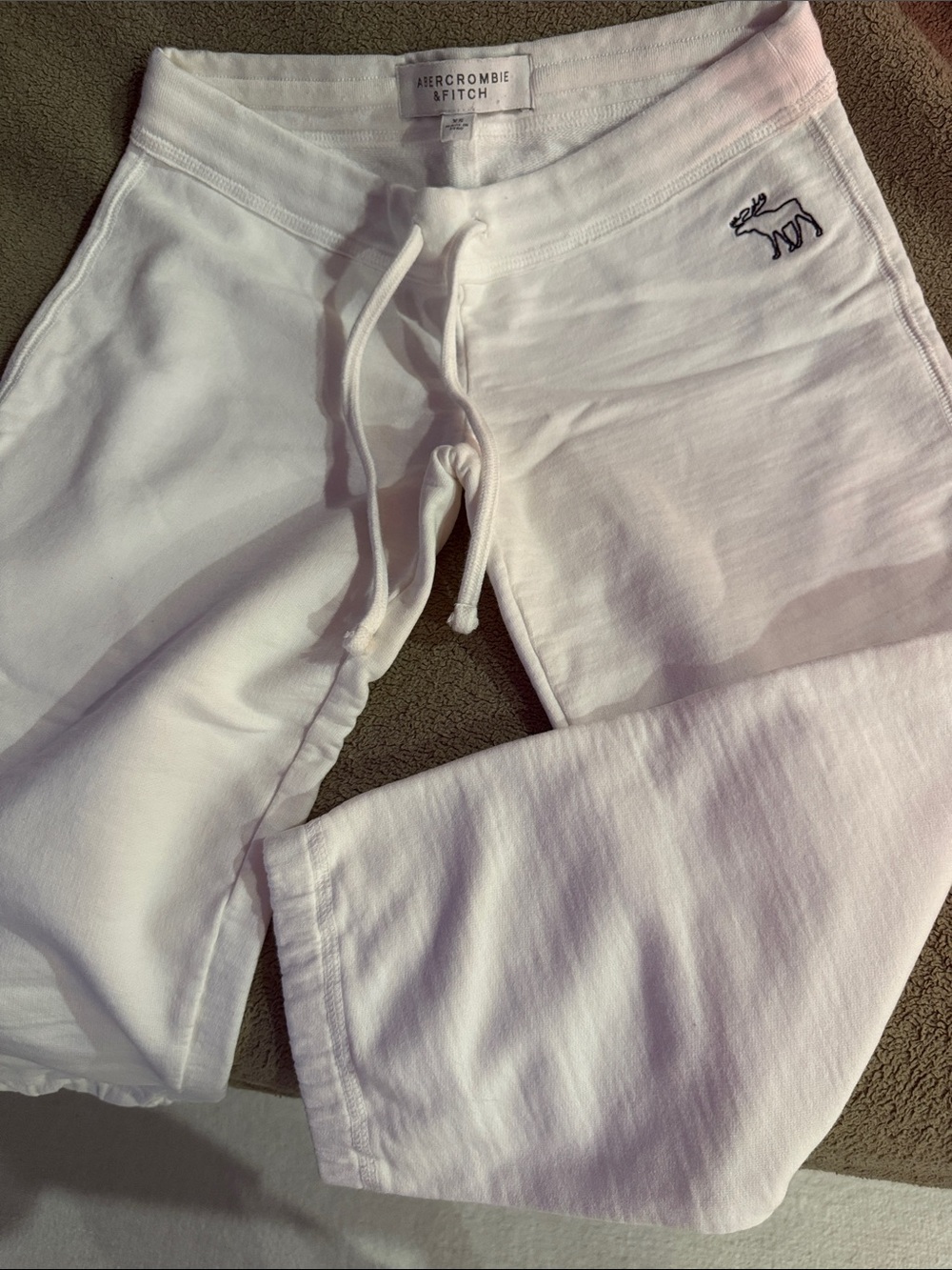 Abercrombie & Fitch Kids White Drawstring Joggers with Navy Moose Embroidery